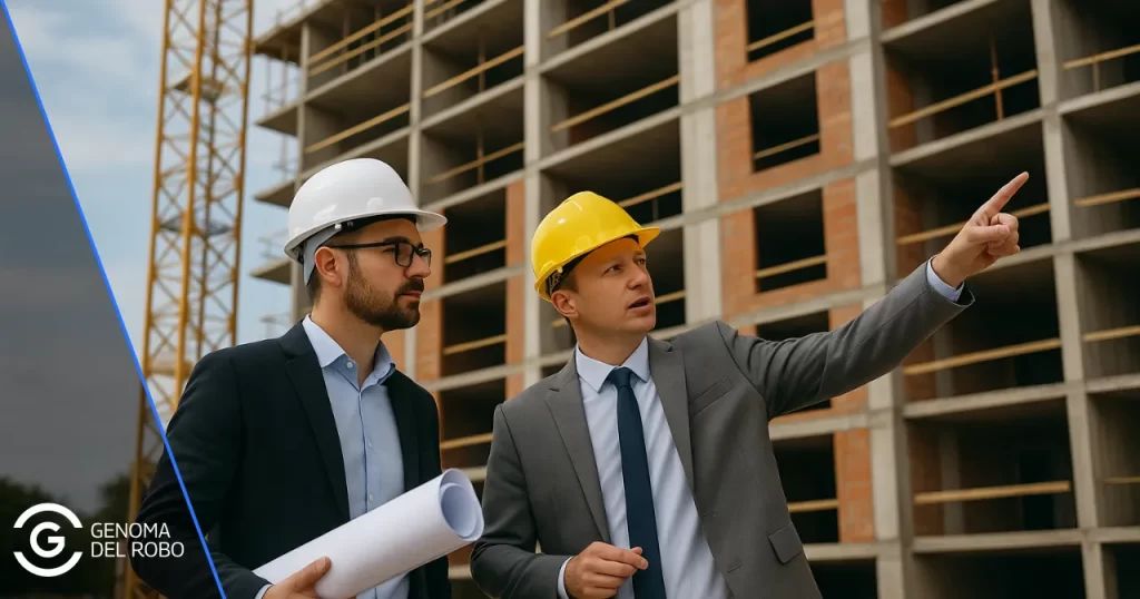 Un arquitecto y un promotor comentan los trabajos frente a un edificio de pisos en construcción.