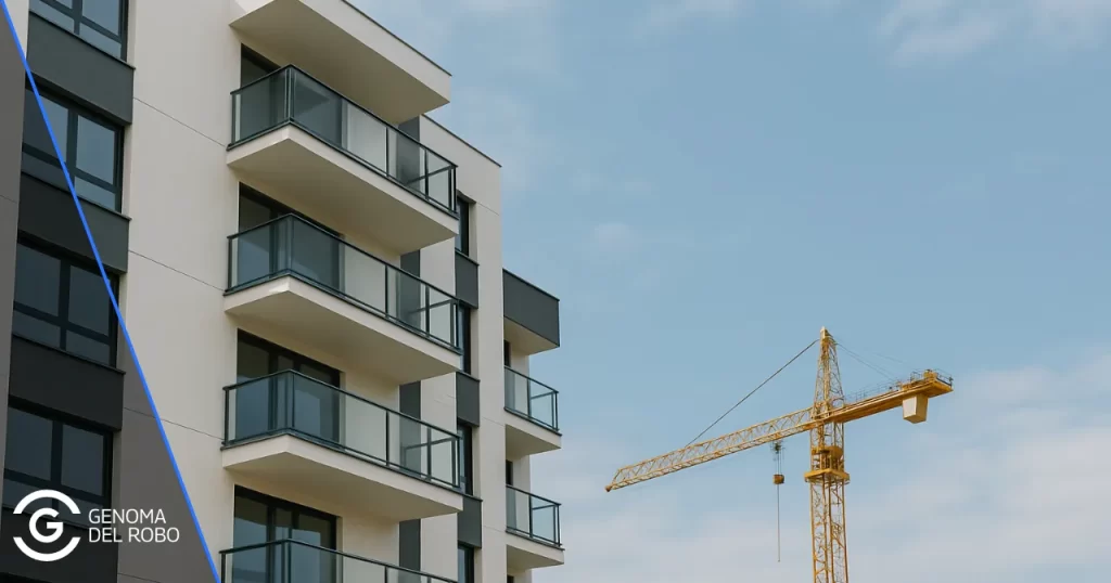 Edificio residencial en construcción con una grúa junto a él.