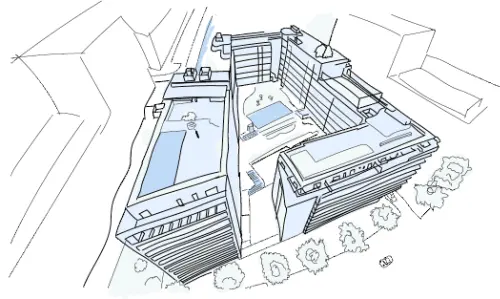 Edificio residencial de una comunidad de vecinos o urbanización. Diseño vectorial.