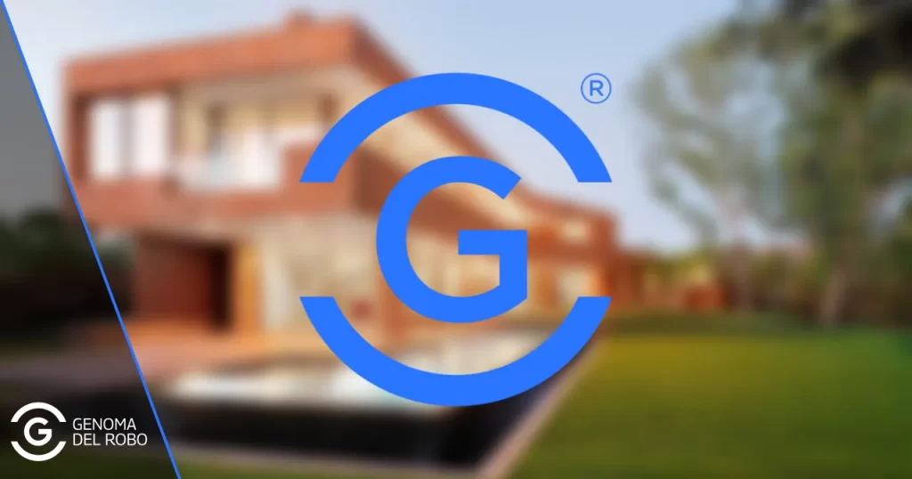 El logotipo Genoma del Robo sobre un fondo de una vivienda unifamiliar desenfocada.