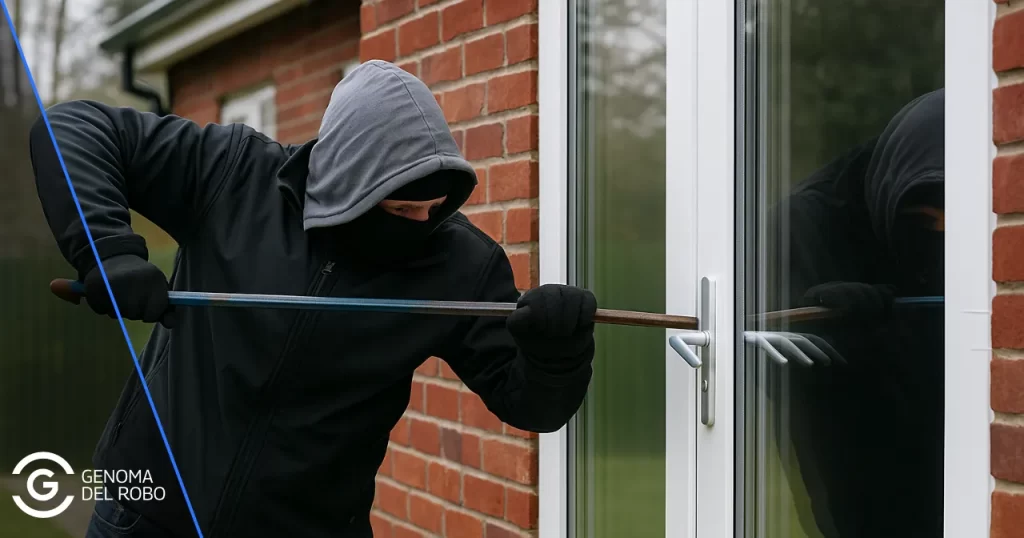 Un ladrón intenta forzar una puerta de acceso a una vivienda unifamiliar.