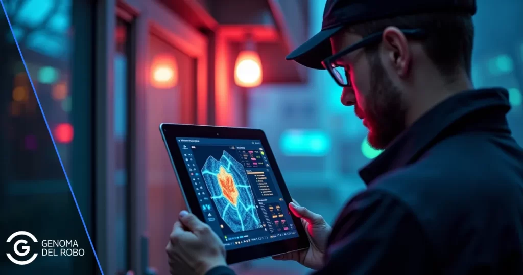 Un profesional de la seguridad residencial realizando una inspección técnica de una vivienda utilizando una tablet y una cámara térmica. La pantalla de la tablet muestra gráficos de evaluación de riesgos y un mapa de calor. Enfocado en la precisión, la atención al detalle y un entorno profesional con tecnología moderna para viviendas seguras.