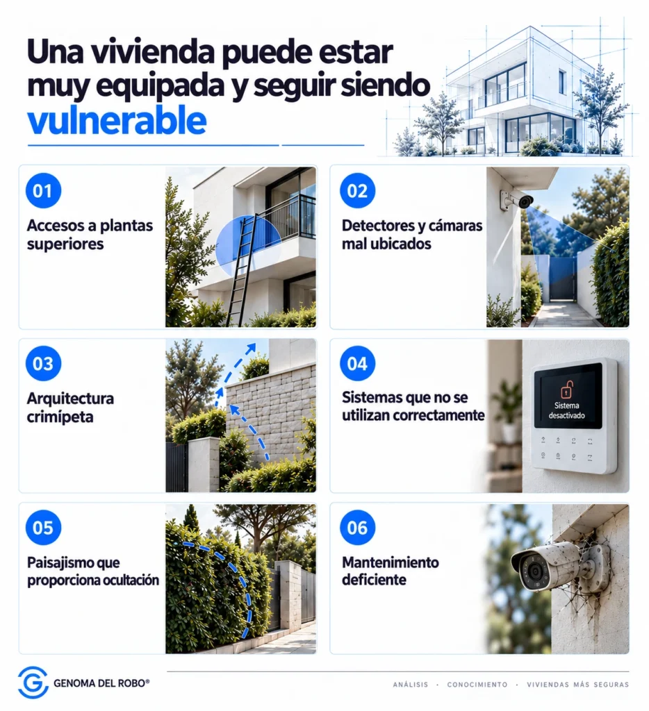 Seis vulnerabilidades de una vivienda equipada: accesos superiores, cámaras mal ubicadas, arquitectura crimípeta, sistemas desconectados, paisajismo que oculta y mantenimiento deficiente.